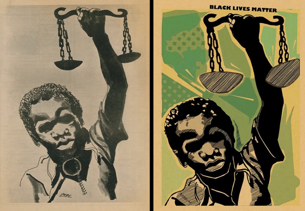 diptych with original poster of a Black boy holding justice scales on the left, and a colorized, stylized version on the right with the text "Black Lives Matter"