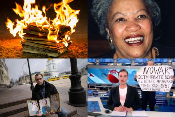 header collage: burning books, Maya Angelou, images protesting war in Ukraine