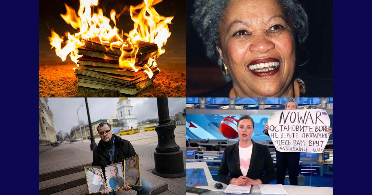 header collage: burning books, Maya Angelou, images protesting war in Ukraine