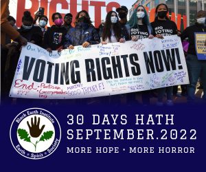30 Days Hath September 2022 cover image: protesting with banner "Voting Right Now!"